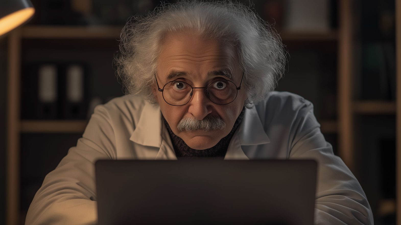 chercheur en blouse ressemblant à Albert Einstein derrière un écran d'ordinateur