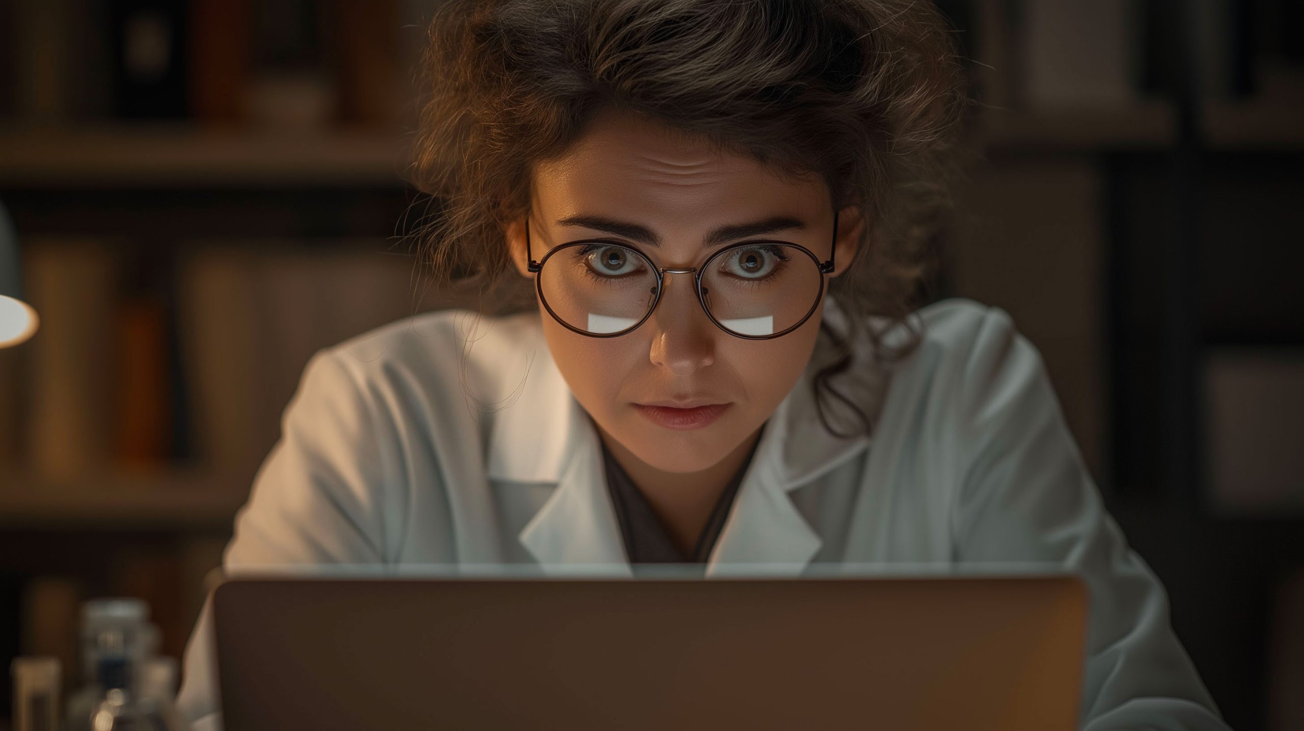 chercheuse en blouse derrière un écran d'ordinateur
