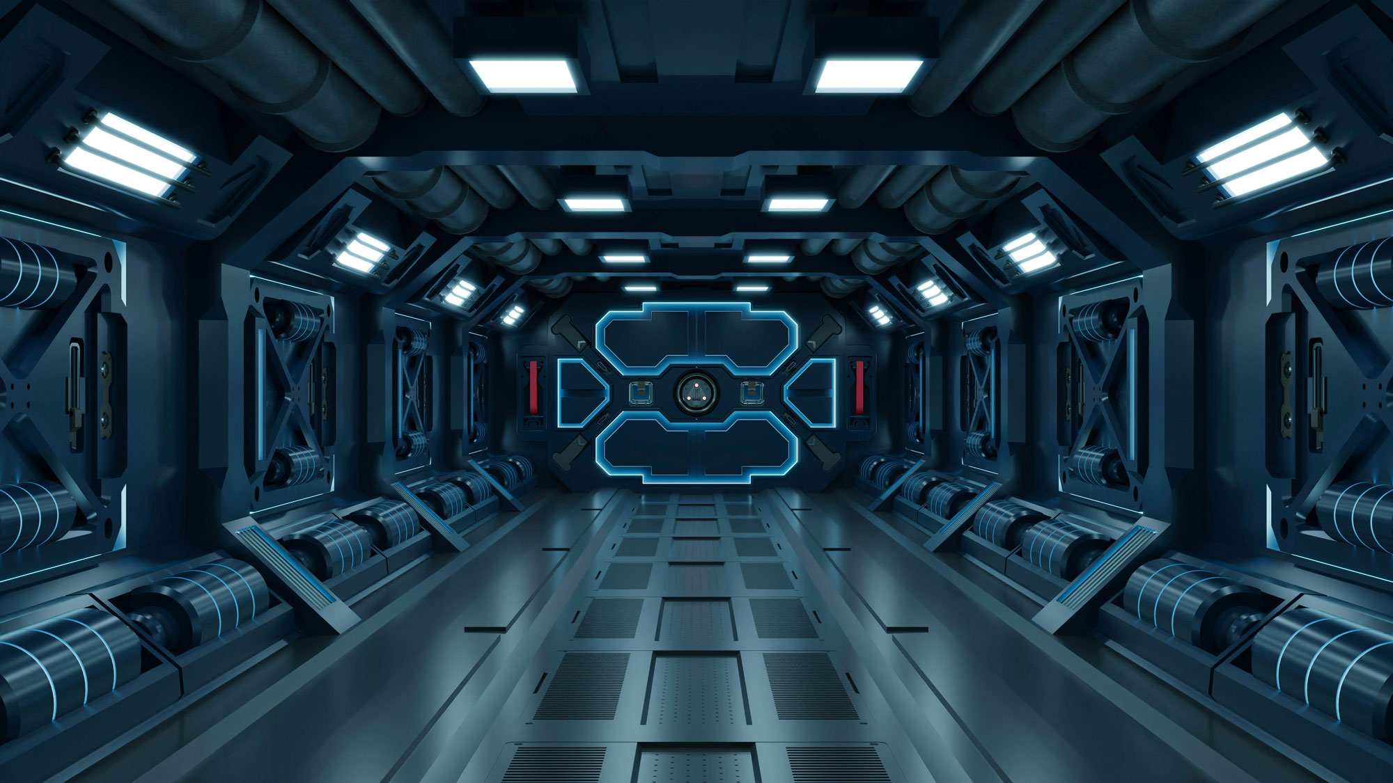 couloir d'une station spatiale futuriste menant à une porte au loin