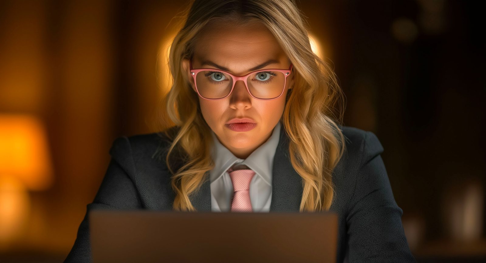 femme en costume gris assise derrière un écran d'ordinateur