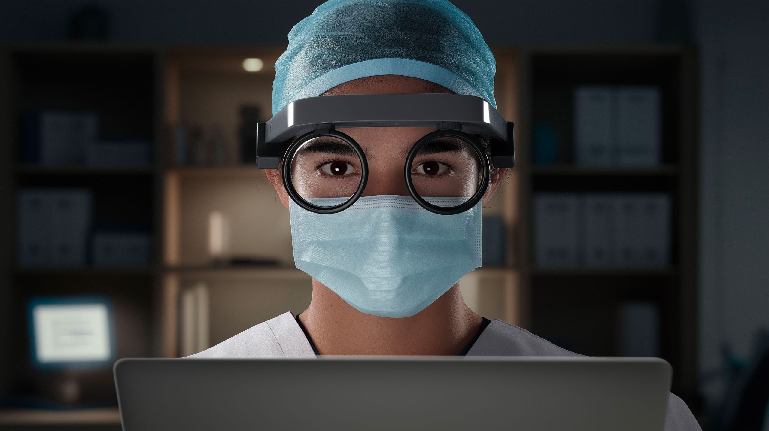 chirurgiène en tenue assis derrière un écran d'ordinateur