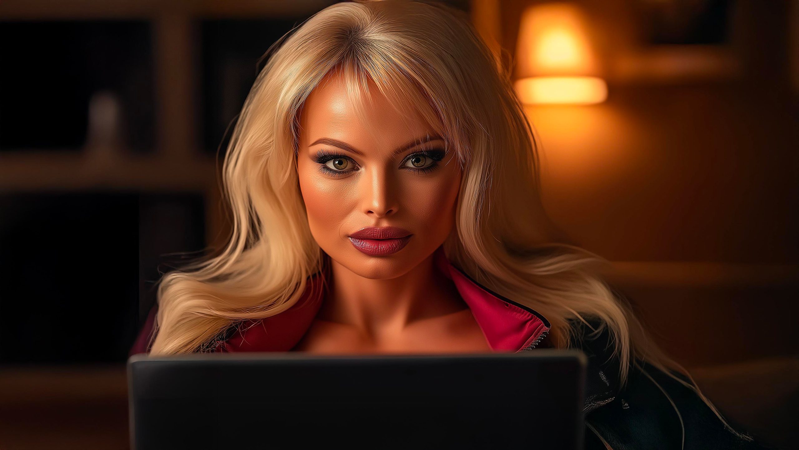 femme blonde pulpeuse liftée en tenue rouge assise derrière un écran d'ordinateur