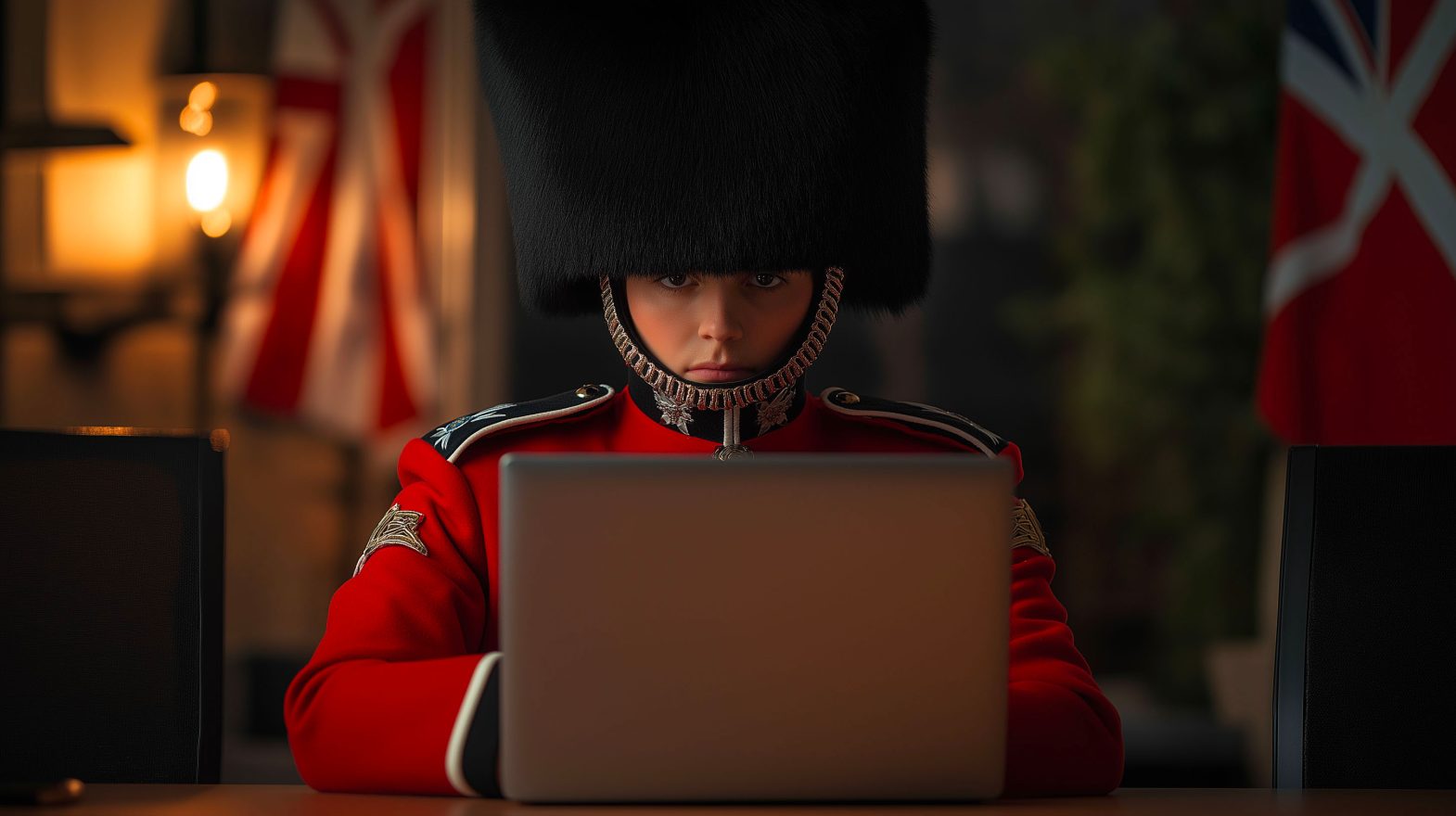 femme casquée portant un costume de chevalier derrière un écran d'ordinateur