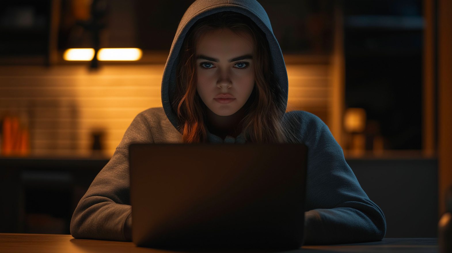 jeune femme capuchée en hoodie assise derrière un écran d'ordinateur