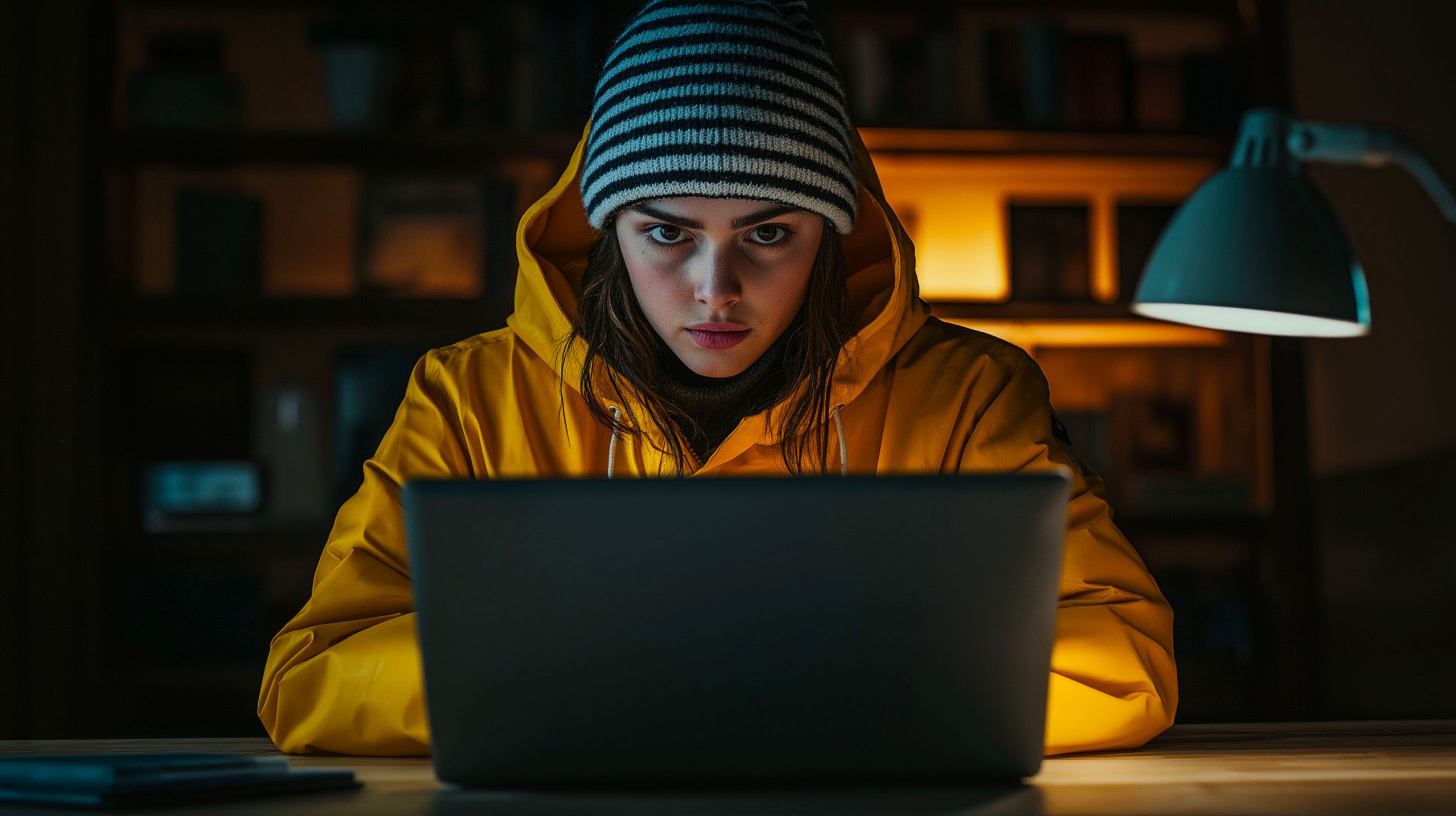 jeune femme en tenue de marin pêcheur assise derrière un écran d'ordinateur