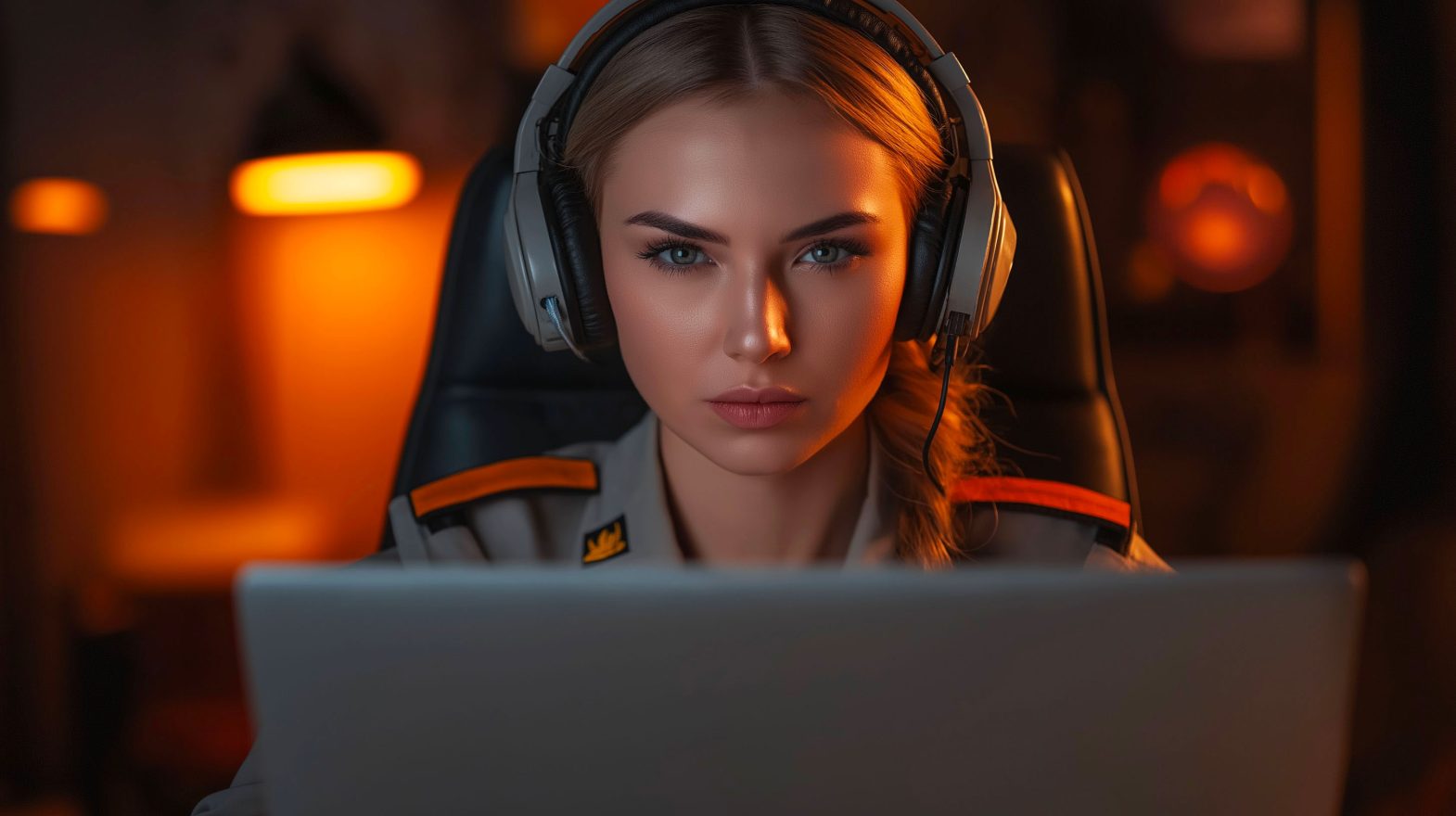 femme pilote de ligne casquée assise derrière un écran d'ordinateur