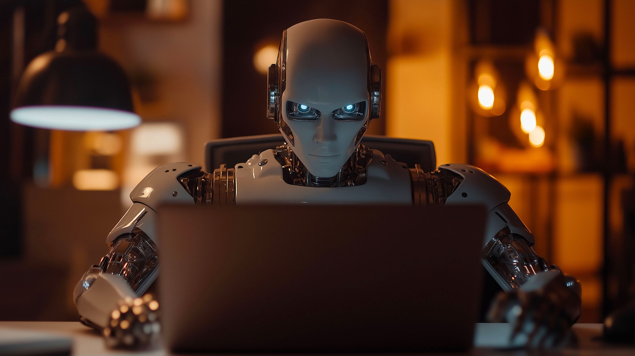 robot humanoïde de genre féminin assis derrière un écran d'ordinateur