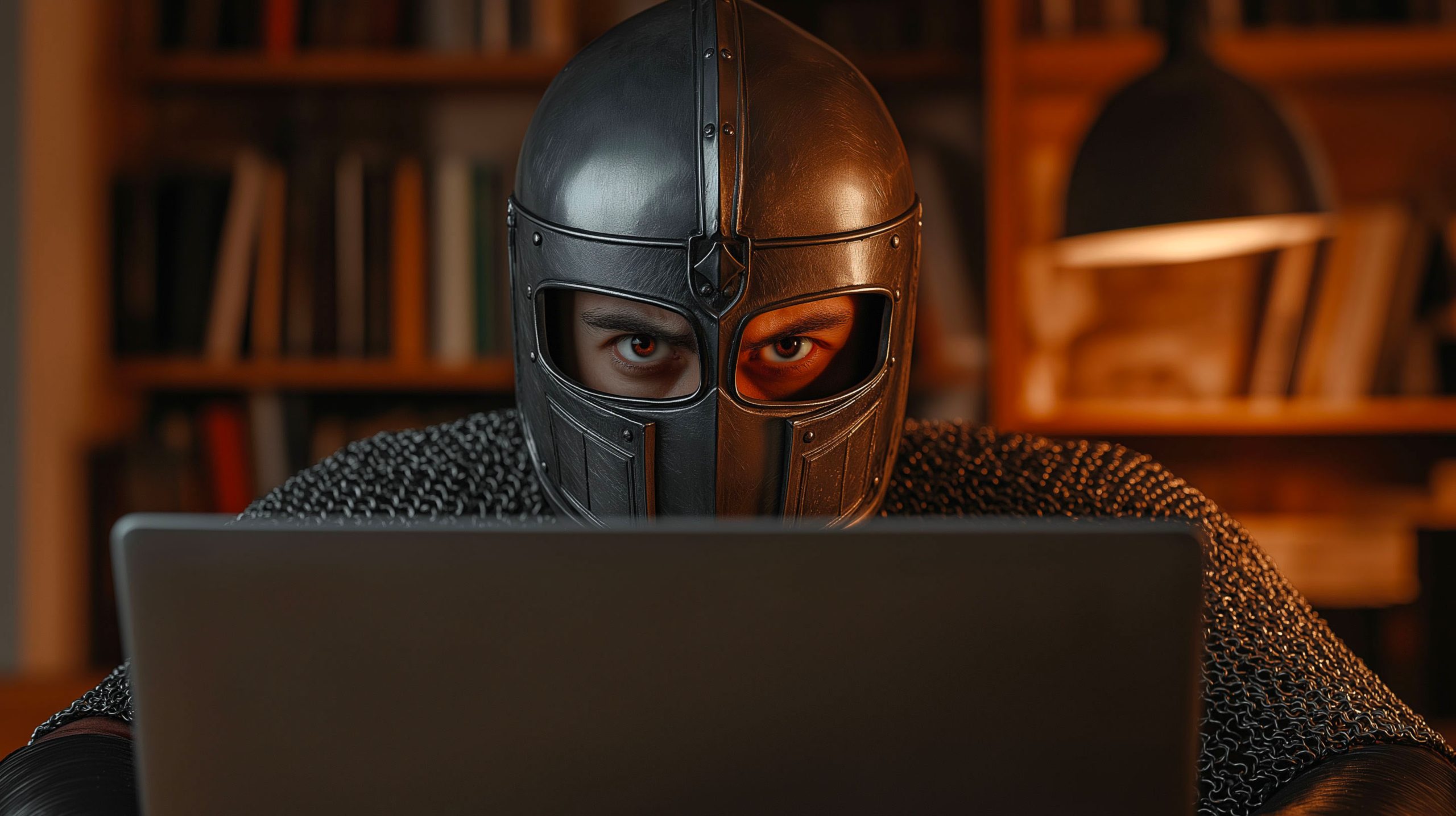 homme casqué en tenue de chevalier médiéval assis derrière un écran d'ordinateur