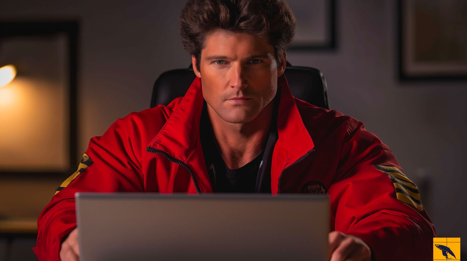 homme musclé en tenue rouge assis derrière un écran d'ordinateur