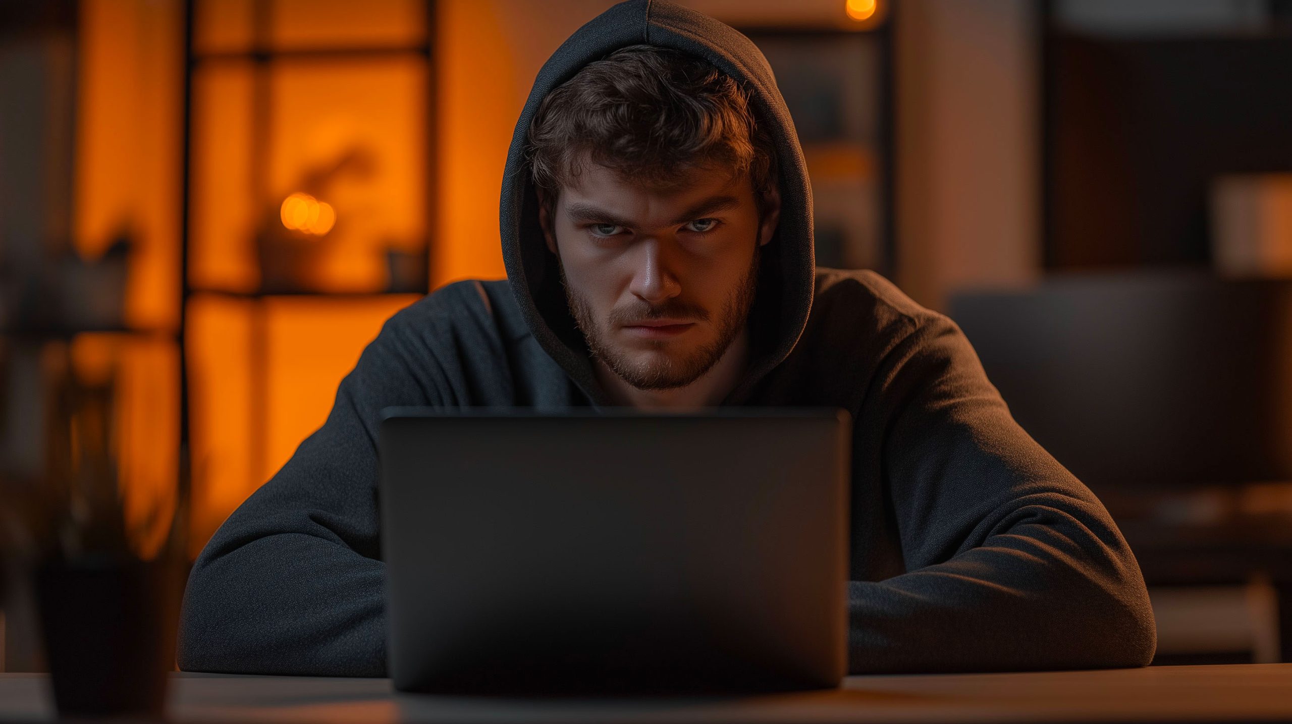 jeune homme capuché en hoodie assis derrière un écran d'ordinateur