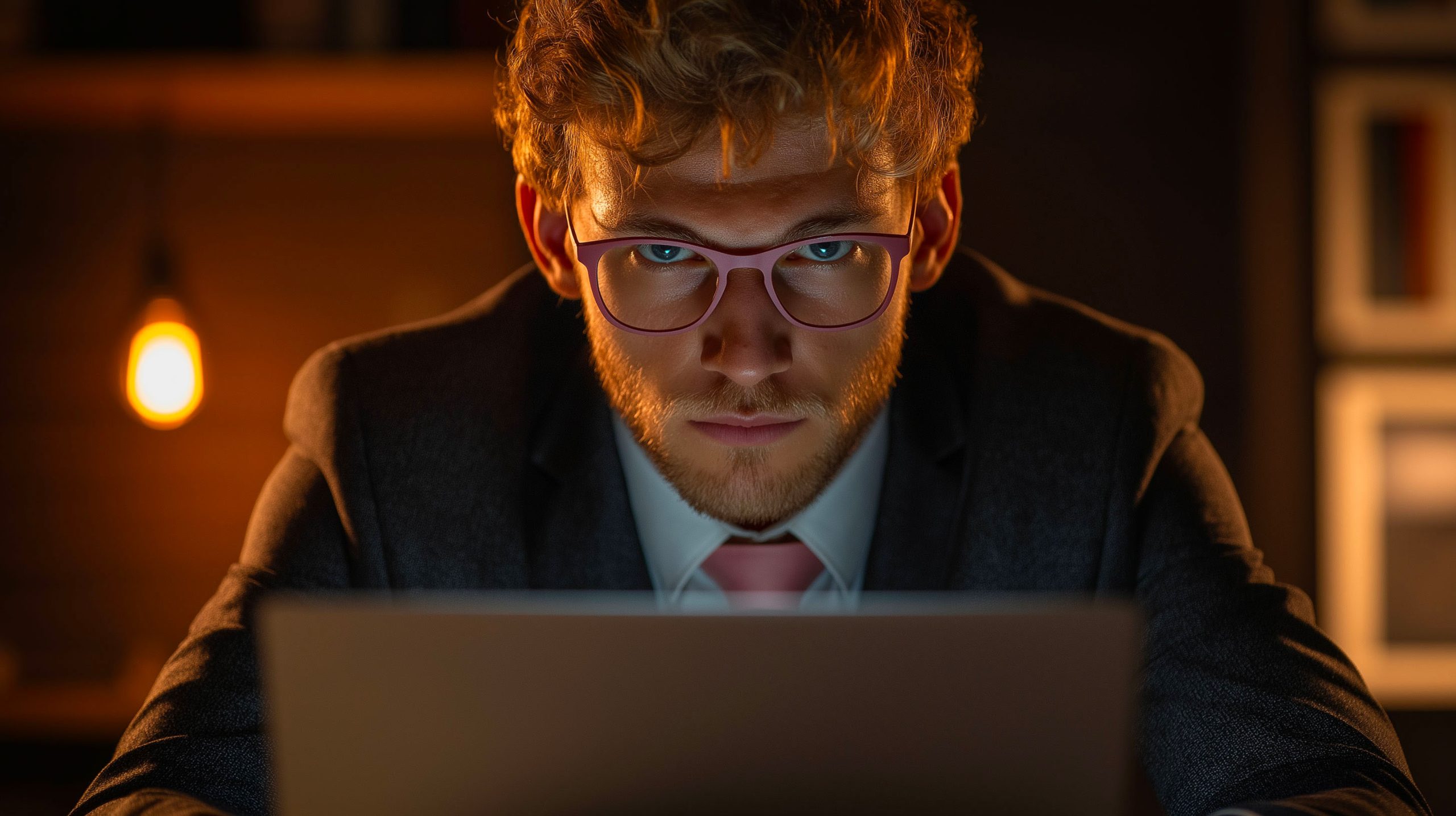 homme en costume gris assis derrière un écran d'ordinateur