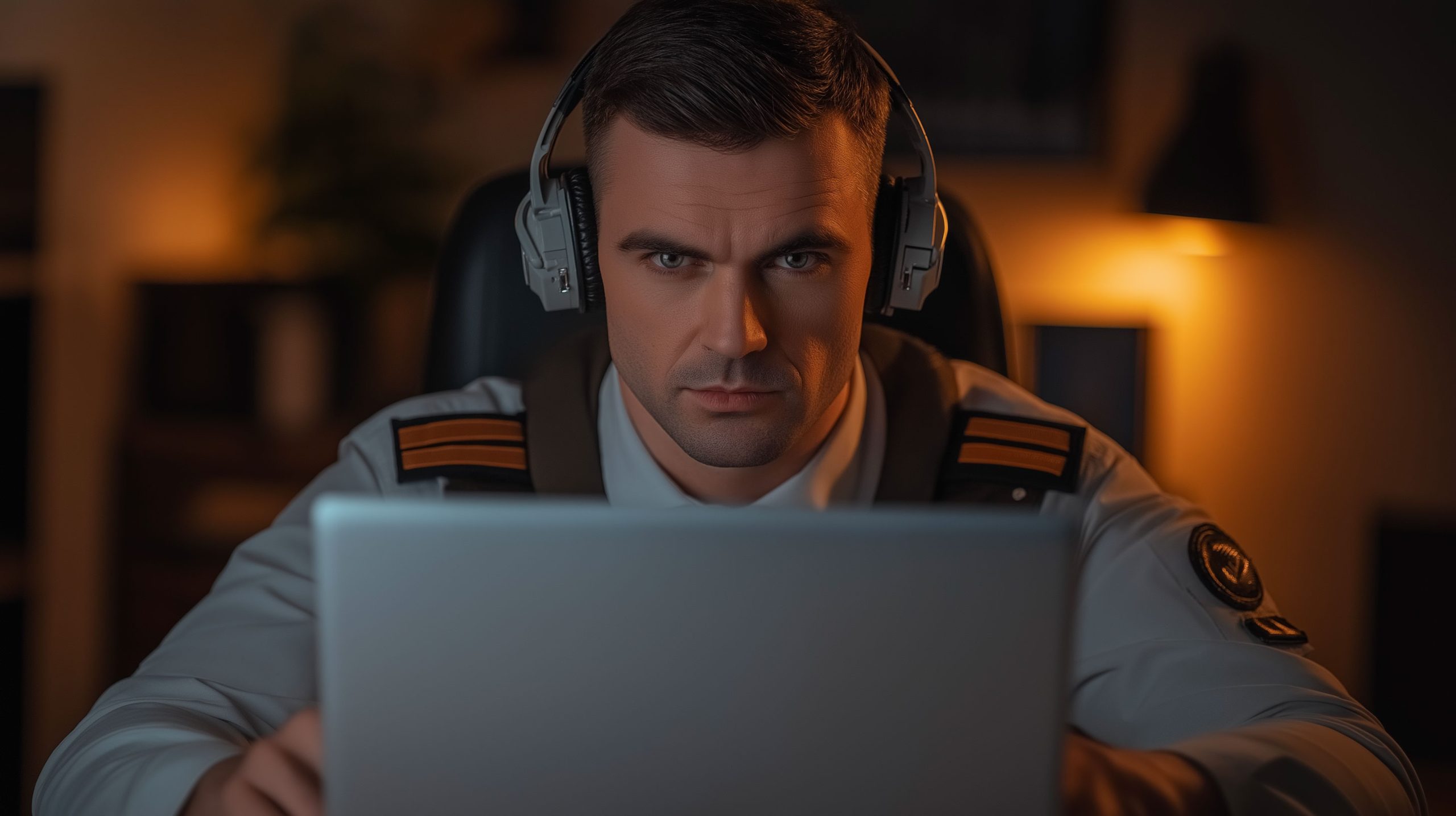 pilote de ligne casqué assis derrière un écran d'ordinateur