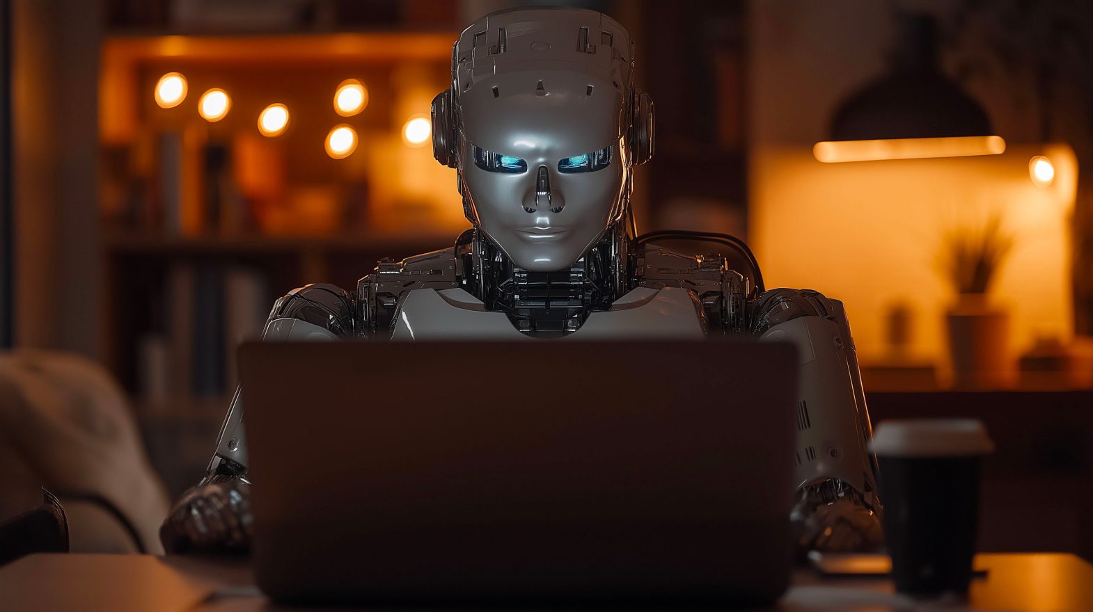 robot humanoïde de genre masculin assis derrière un écran d'ordinateur