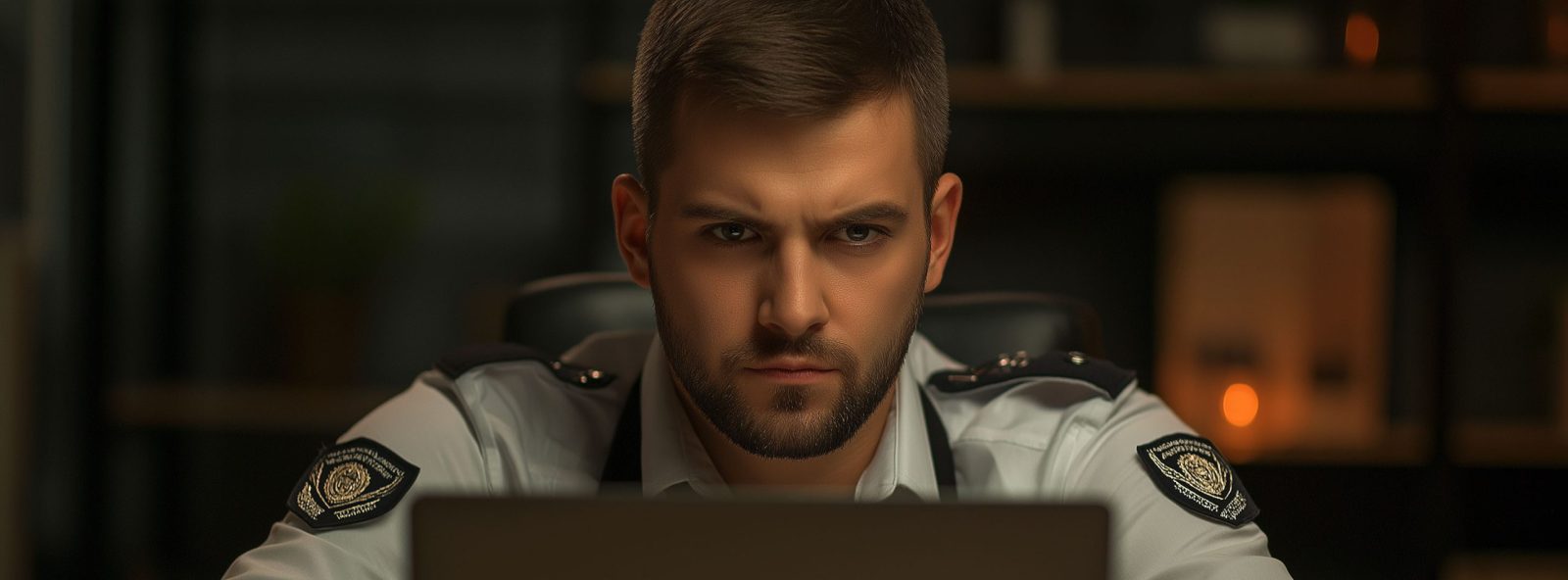 policier en tenue assis derrière un écran d'ordinateur