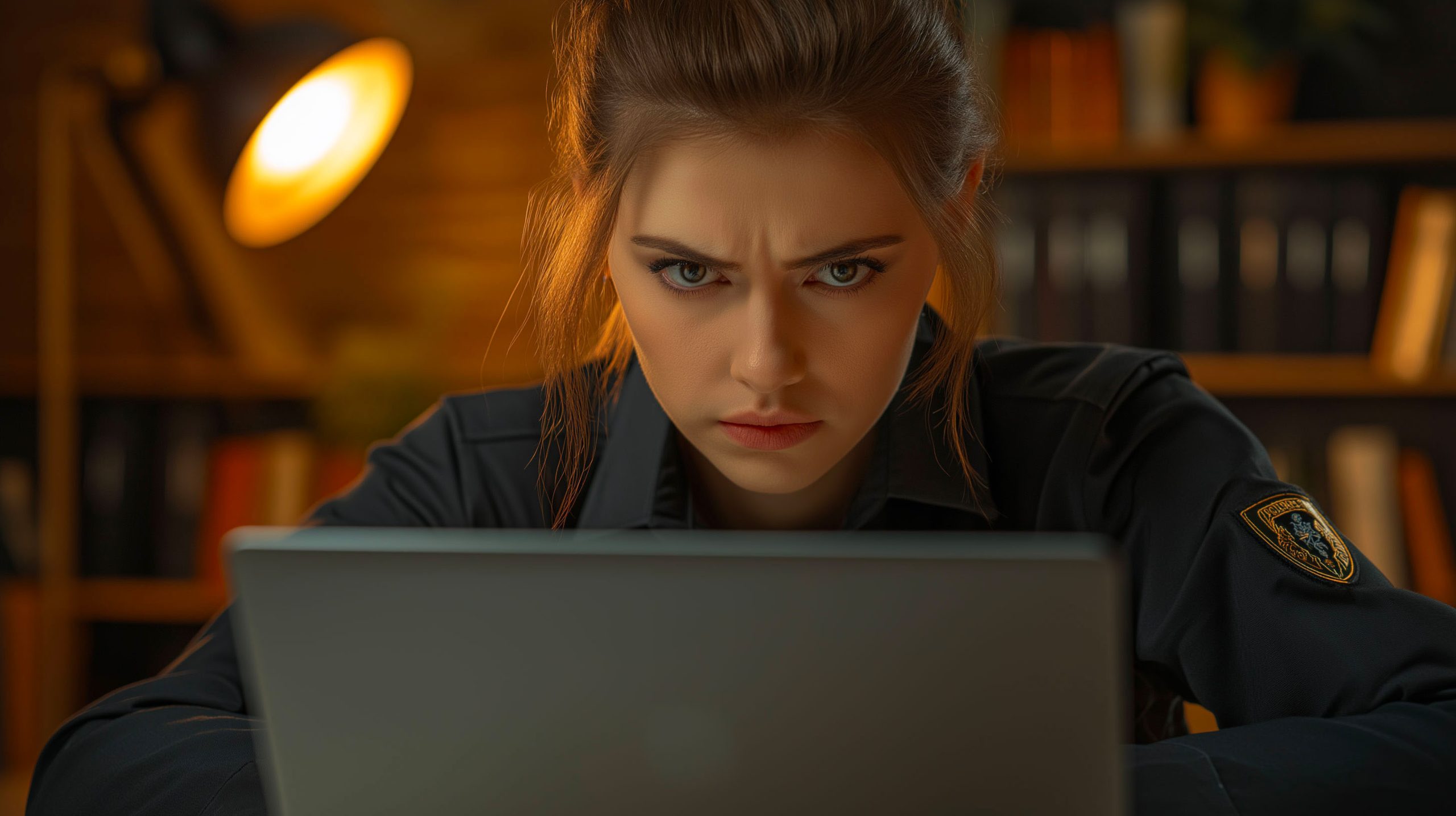 policière en tenue assise derrière un écran d'ordinateur